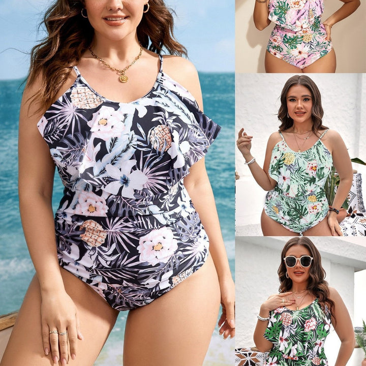 Women's one-piece swimsuit with intricate ruffle details and floral design StylebySassy