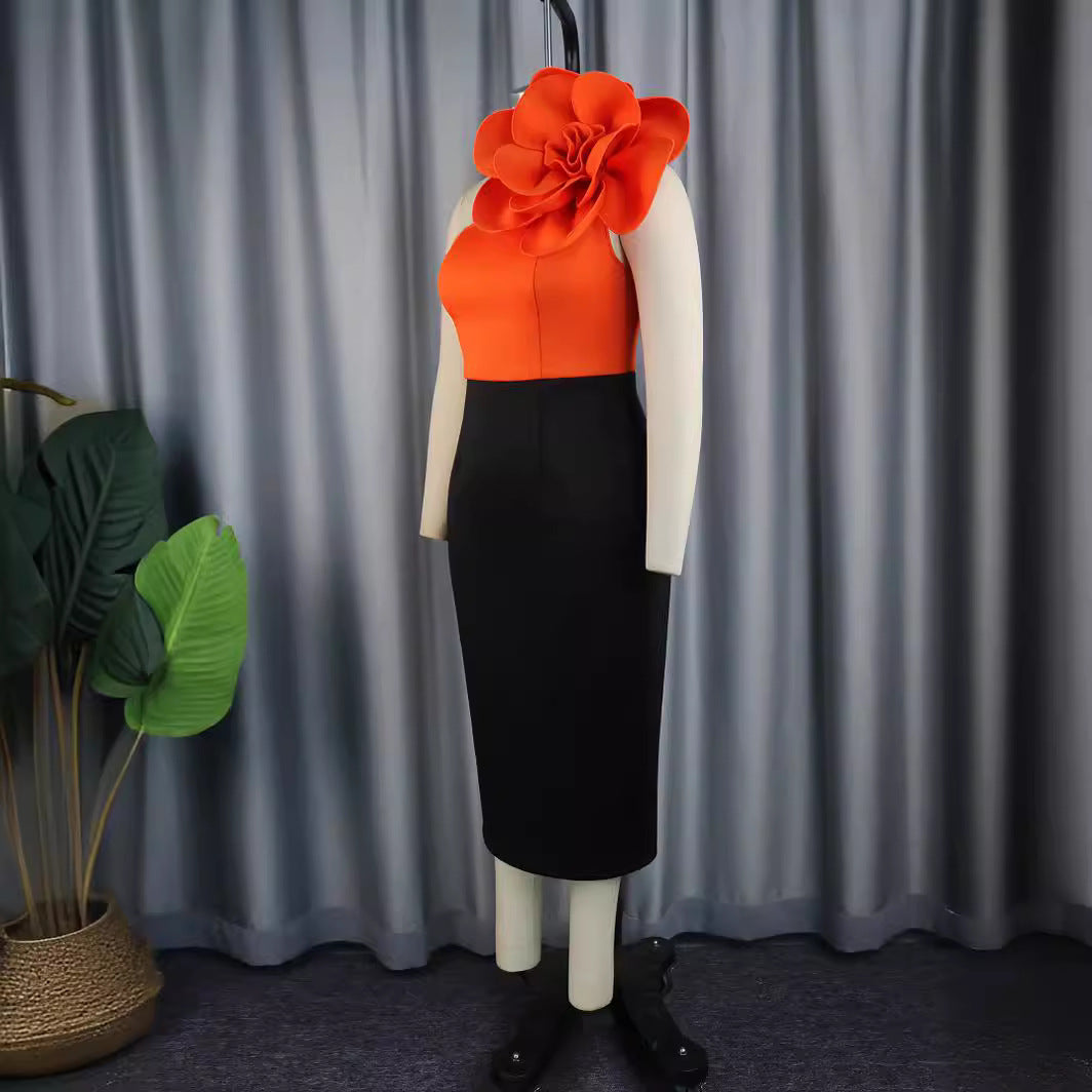 Women fitted dress with asymmetric floral accent StylebySassy