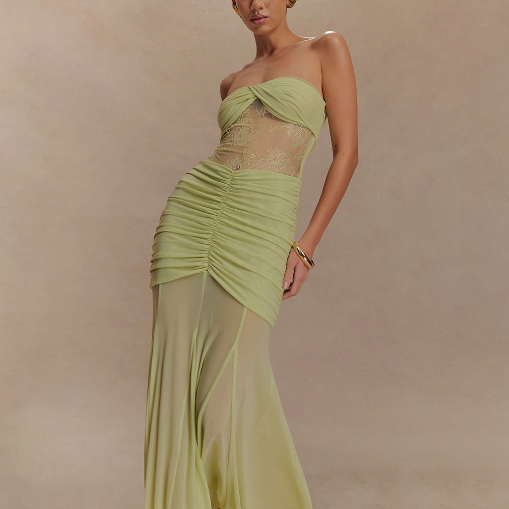 Women's Strapless Maxi Dress with Refined Draping and Lace Mix StylebySassy