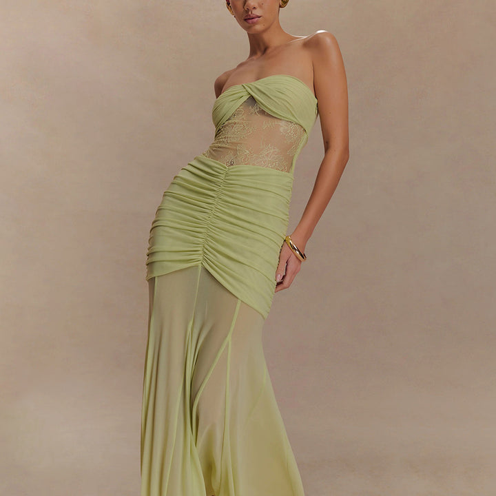 Women's Strapless Maxi Dress with Refined Draping and Lace Mix StylebySassy