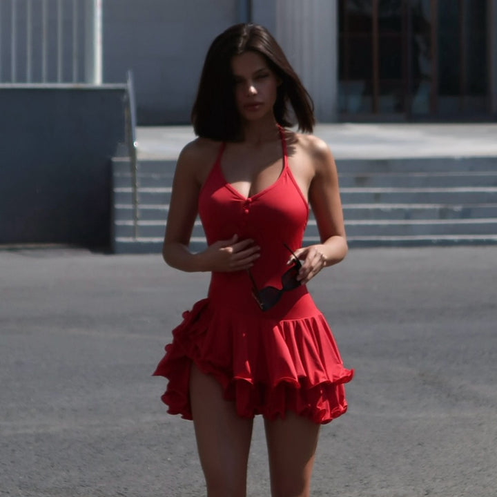 Women Voluminous Ruffle Dress with Button Details StylebySassy