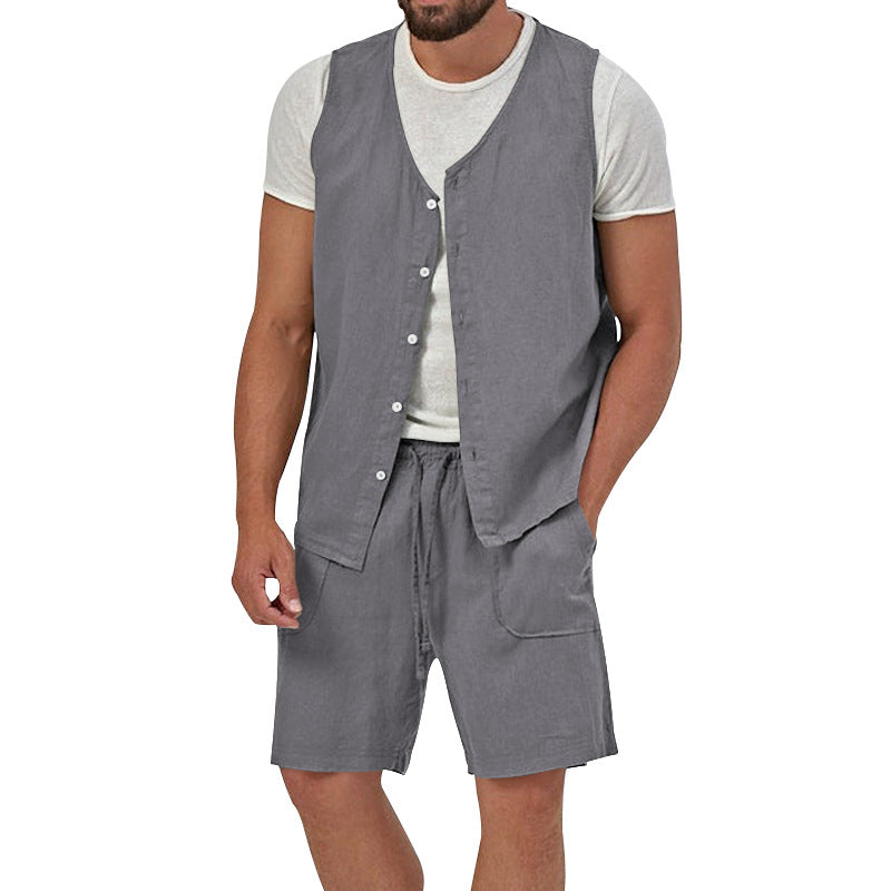 Men's two-piece leisure set with sleeveless button vest and wide drawstring shorts with patch pockets StylebySassy