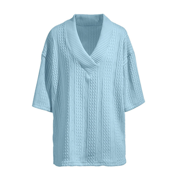 Women's short-sleeve knitted sweater in a loose fit with deep V-neck and cable pattern StylebySassy