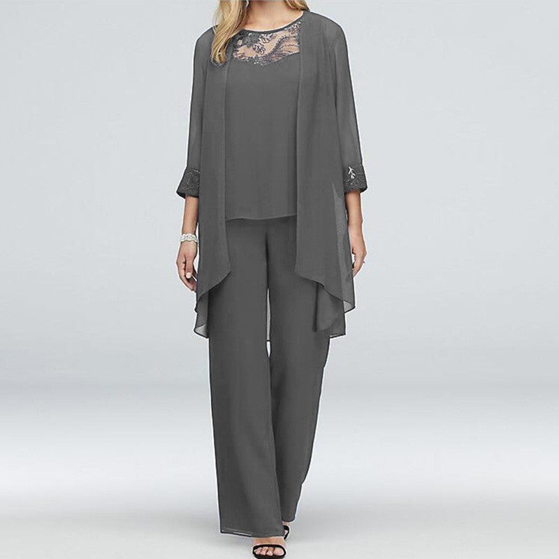 Women's flowing chiffon evening ensemble with lace trim, kimono cardigan and wide palazzo pants StylebySassy