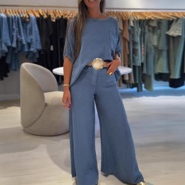 Women's casual linen blend two-piece set with boxy oversized top, patch pocket, and wide palazzo pants StylebySassy