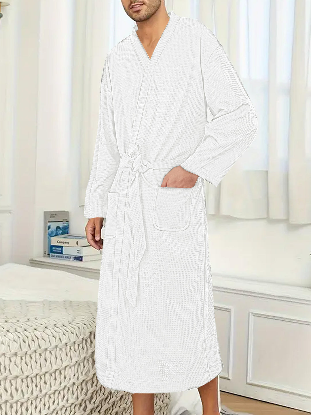 Men's lightweight cotton kimono bathrobe with waffle texture and patch pockets StylebySassy