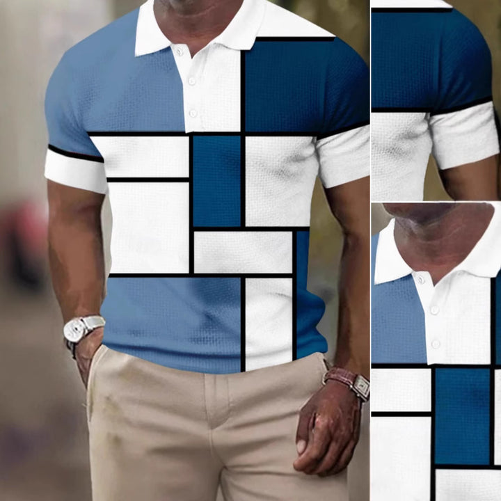 Men's short-sleeved polo shirt with geometric block pattern and fine structured piqué StylebySassy