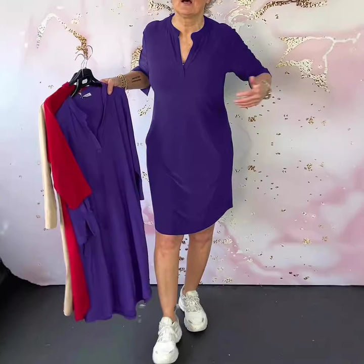 Women's navy knee-length shift dress made of elastic jersey with stand-up collar and V-neck StylebySassy