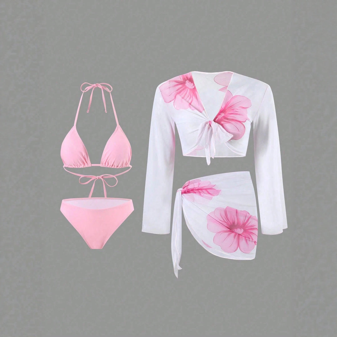 Women's bikini set with floral wrap cloth and long-sleeved top StylebySassy