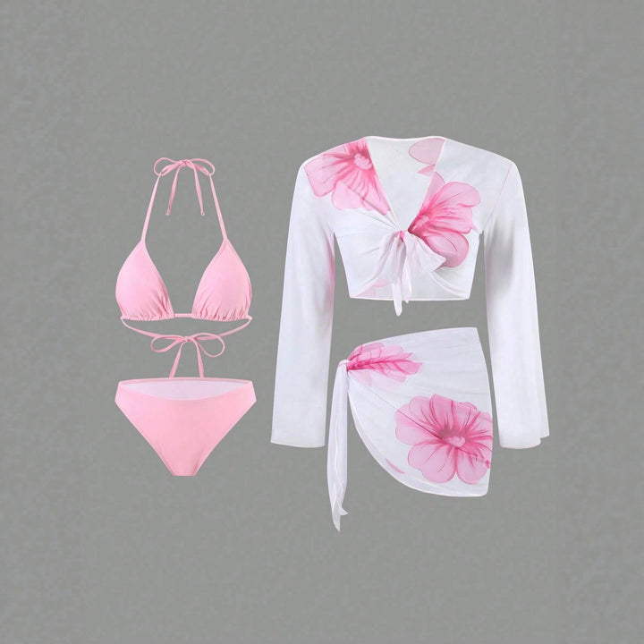 Women's bikini set with floral wrap cloth and long-sleeved top StylebySassy