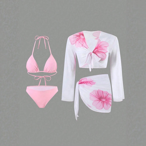 Women's bikini set with floral wrap cloth and long-sleeved top StylebySassy