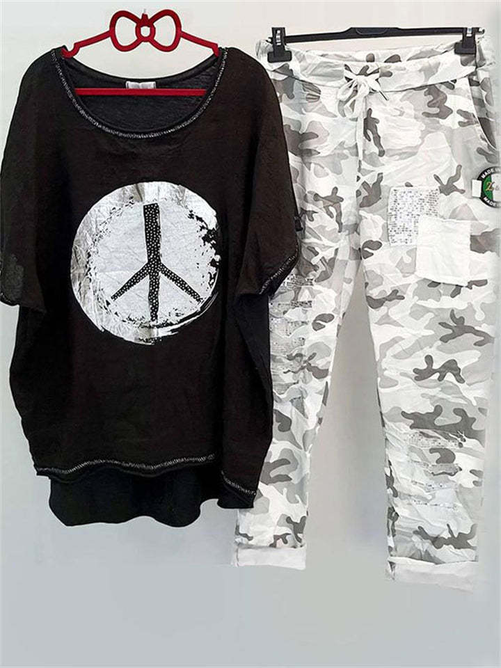 Women’s casual leisure two-piece with wide-cut linen look shirt, peace symbol and camouflage jog pants with patch details StylebySassy