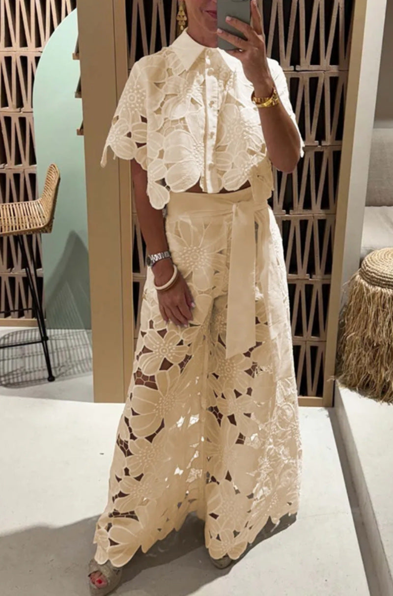 Ladies' two-piece set in Guipure lace with a cropped top, scalloped hem, and high-waisted wide Palazzo pants StylebySassy