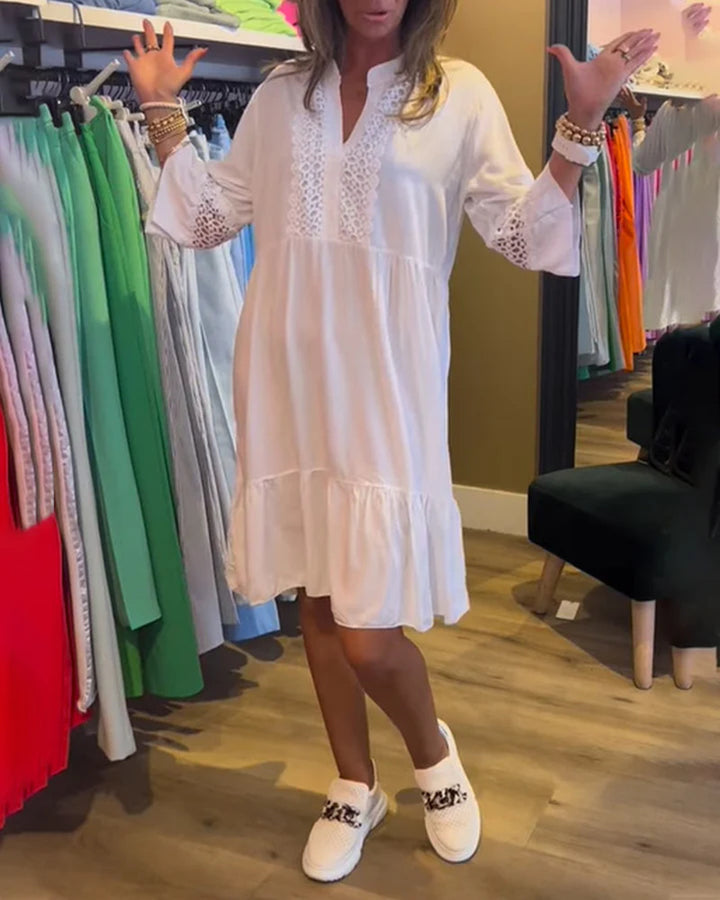 Women’s loose babydoll tunic dress with lace insert, V-neck, stand-up collar, and tiered ruffle StylebySassy
