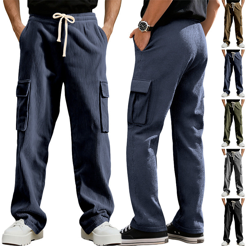 Men's casual corduroy cargo pants with elastic drawstring waist, straight leg, and flap pockets StylebySassy