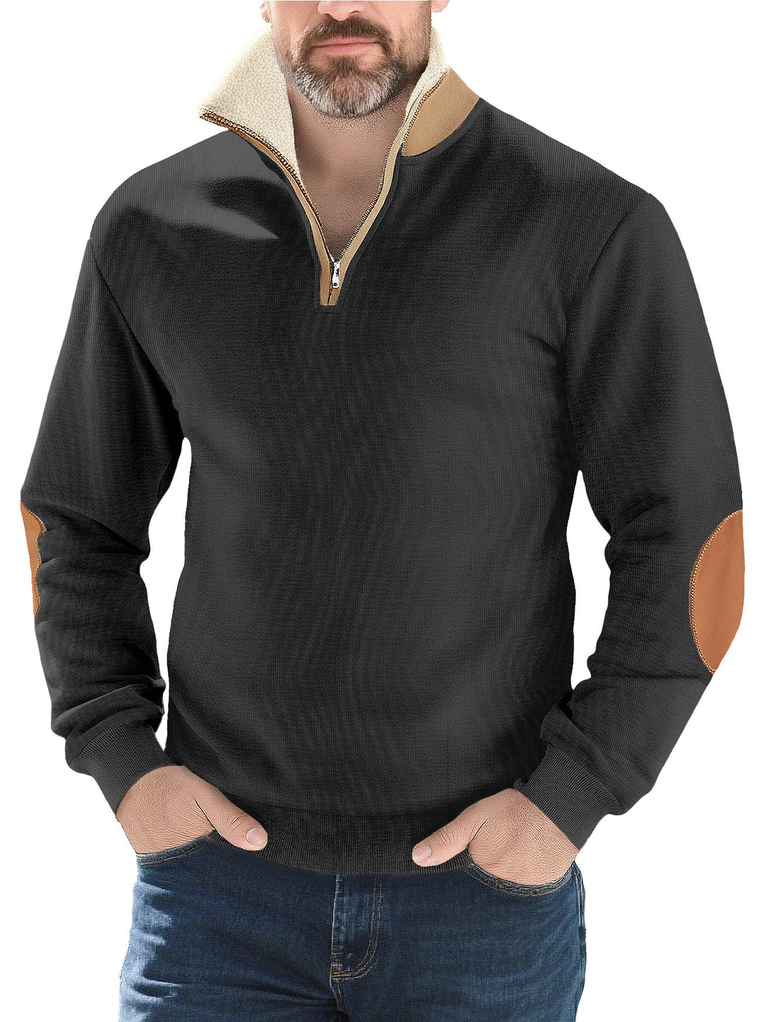 Men's structured knit half-zip pullover with warming sherpa collar and velour elbow patches StylebySassy