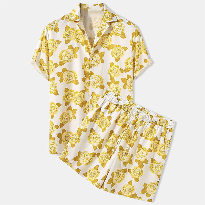 Men's airy viscose blend short-sleeve shirt with open button placket and matching casual shorts with drawstring StylebySassy