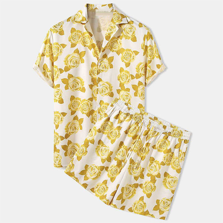 Men's airy viscose blend short-sleeve shirt with open button placket and matching casual shorts with drawstring StylebySassy