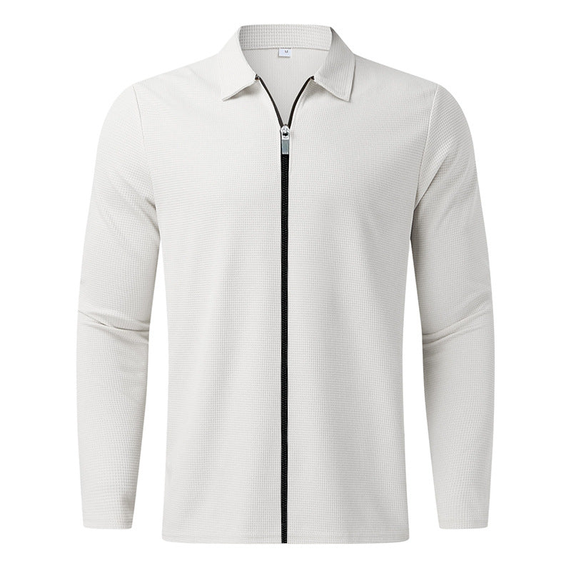 Men's structured long-sleeve polo in waffle knit with shirt collar and narrow shoulder section StylebySassy