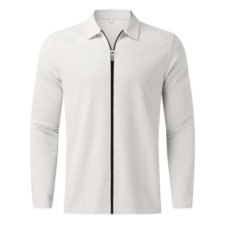 Men's structured long-sleeve polo in waffle knit with shirt collar and narrow shoulder section StylebySassy