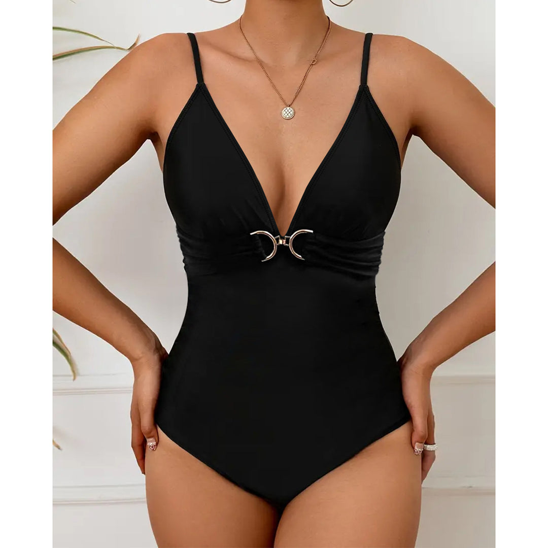 Ladies Elegant One-Piece Swimsuit with V-Neck and Decorative Details StylebySassy