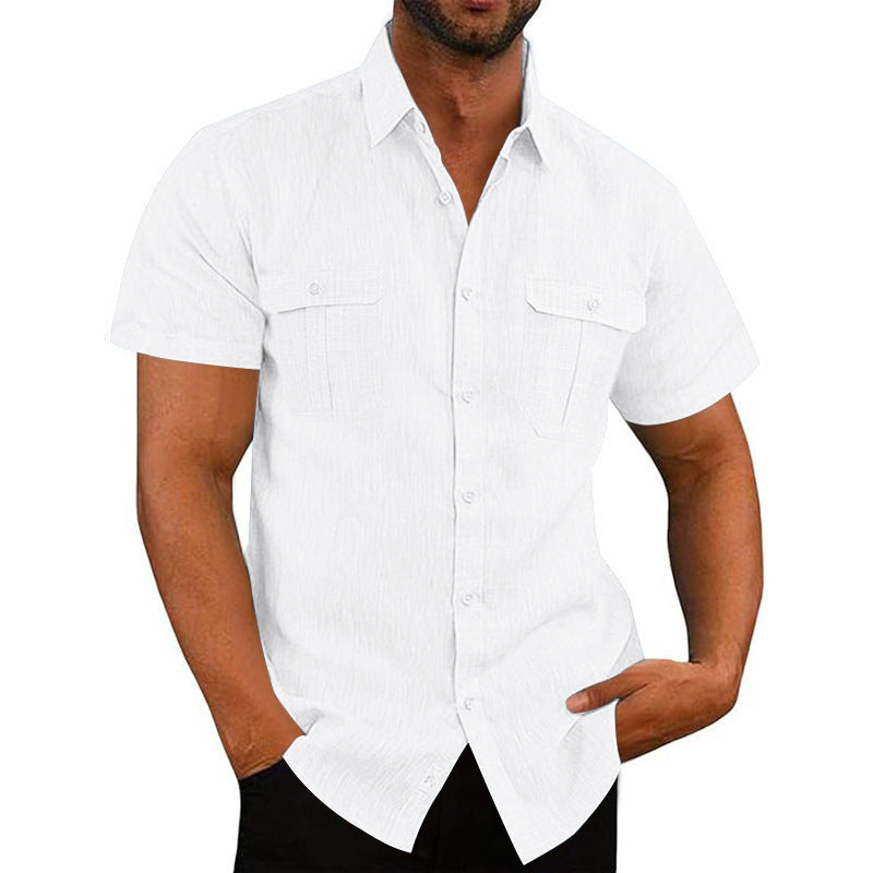 Men's structured short sleeve shirt in linen gauze look with flap pockets and rounded hem StylebySassy