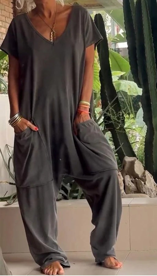Women's comfortable oversized jumpsuit with V-neck, deep crotch and inset pockets StylebySassy