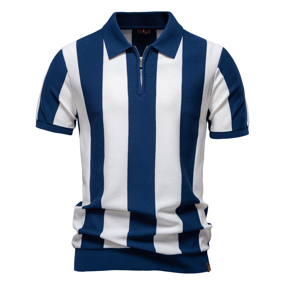 Men's short-sleeved fine knit half-zip polo with distinctive block stripes and Kent collar StylebySassy