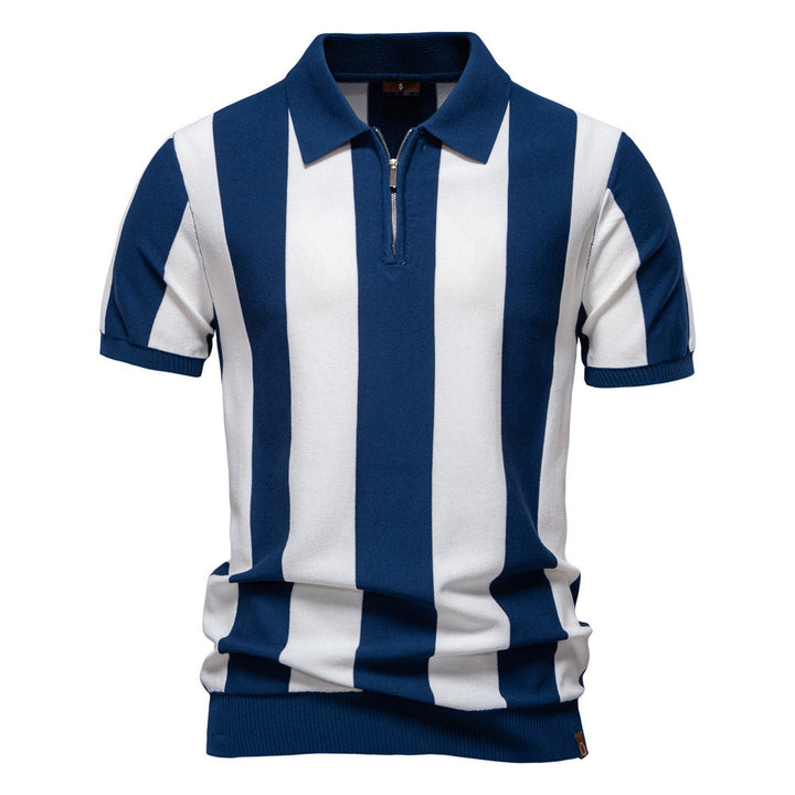 Men's short-sleeved fine knit half-zip polo with distinctive block stripes and Kent collar StylebySassy