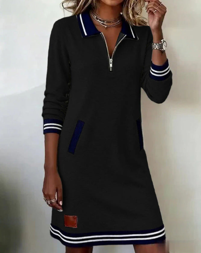 Women’s sporty-elegant sweatshirt dress with polo collar, half-length zipper, elastic contrast cuffs, and side pockets StylebySassy