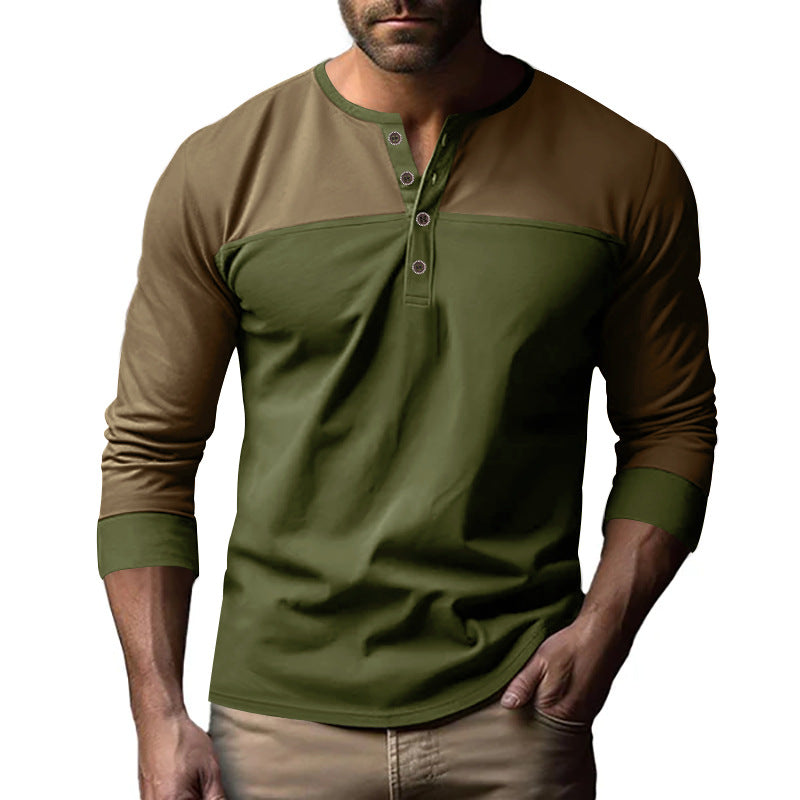 Men's long-sleeved Henley shirt with contrasting yoke, short button placket, and ribbed cuffs StylebySassy