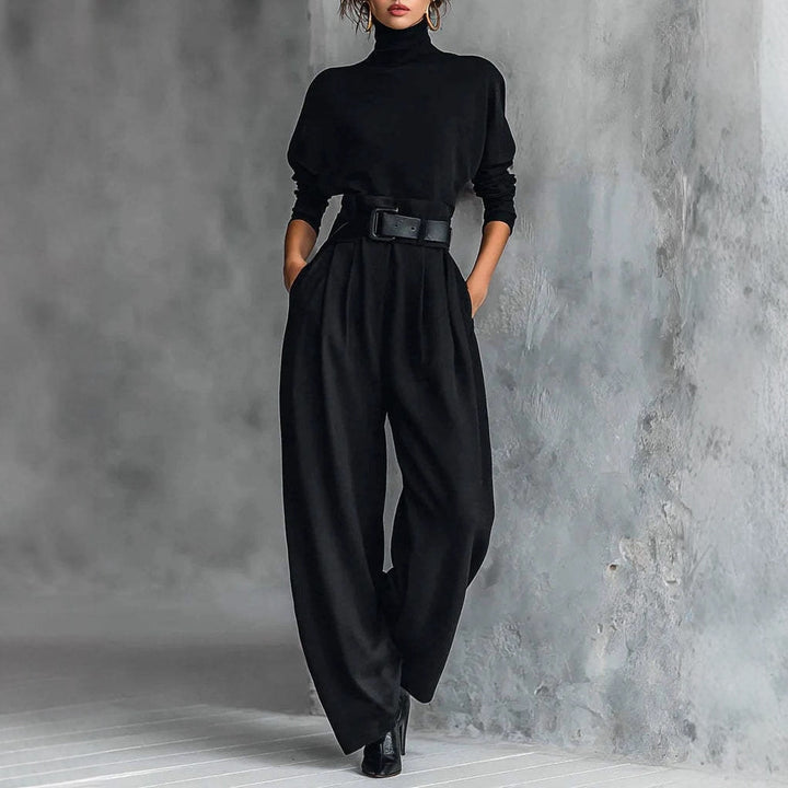 Ladies high-cut elegant pleated trousers with wide leg and roll-neck fine-knit top StylebySassy