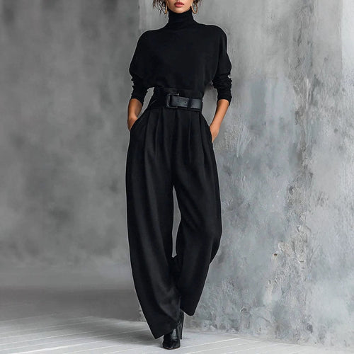 Ladies high-cut elegant pleated trousers with wide leg and roll-neck fine-knit top StylebySassy