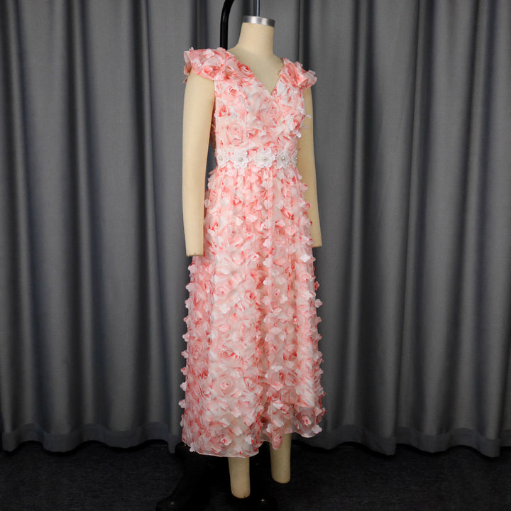 Women Elegant Maxi Dress with Floral Ruffles