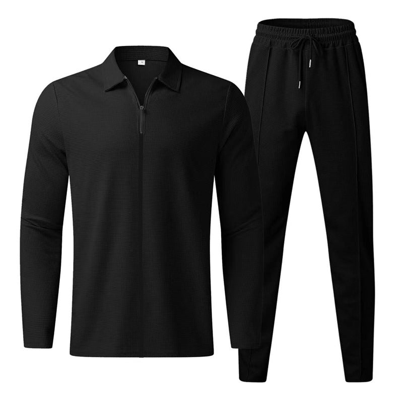 Men's casual waffle texture tracksuit with shirt collar, concealed zipper and drawstring pants StylebySassy
