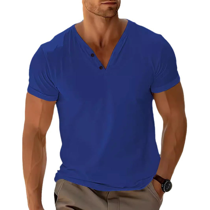 Men's short-sleeved Henley shirt with V-neck and two-button placket made of cotton blend StylebySassy