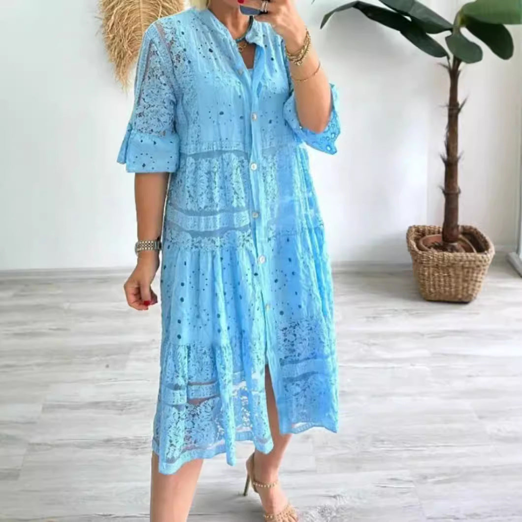 Women's romantic midi dress with broderie anglaise, buttoned top, stand-up collar, half-length flounce sleeves, and tiered hem StylebySassy