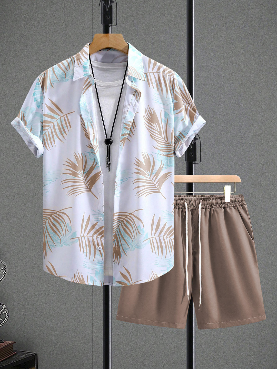 Men's vacation set with short-sleeved lapel shirt in palm print and elastic drawstring bermuda StylebySassy
