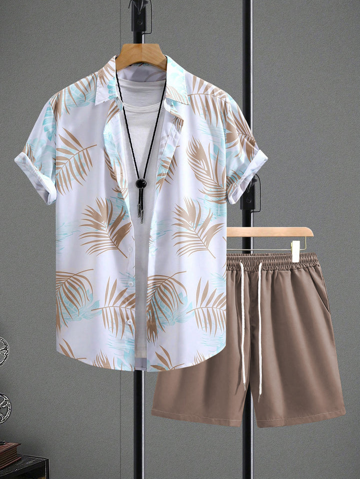 Men's vacation set with short-sleeved lapel shirt in palm print and elastic drawstring bermuda StylebySassy