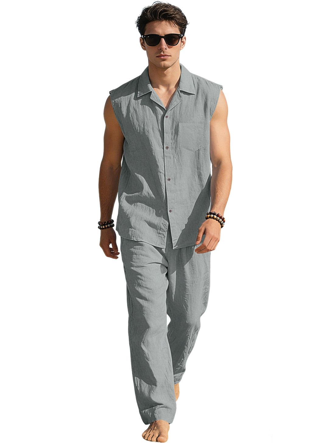 Men's sleeveless linen leisure set with lapel collar, chest pocket, and straight pants StylebySassy