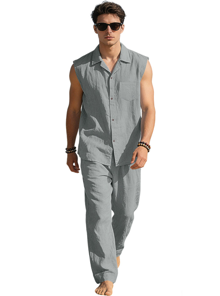 Men's sleeveless linen leisure set with lapel collar, chest pocket, and straight pants StylebySassy