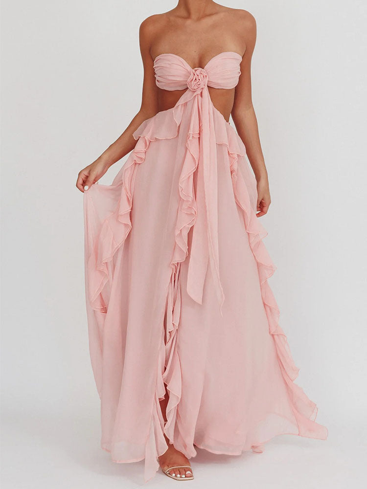 Ladies maxi dress with frills and bandeau neckline StylebySassy