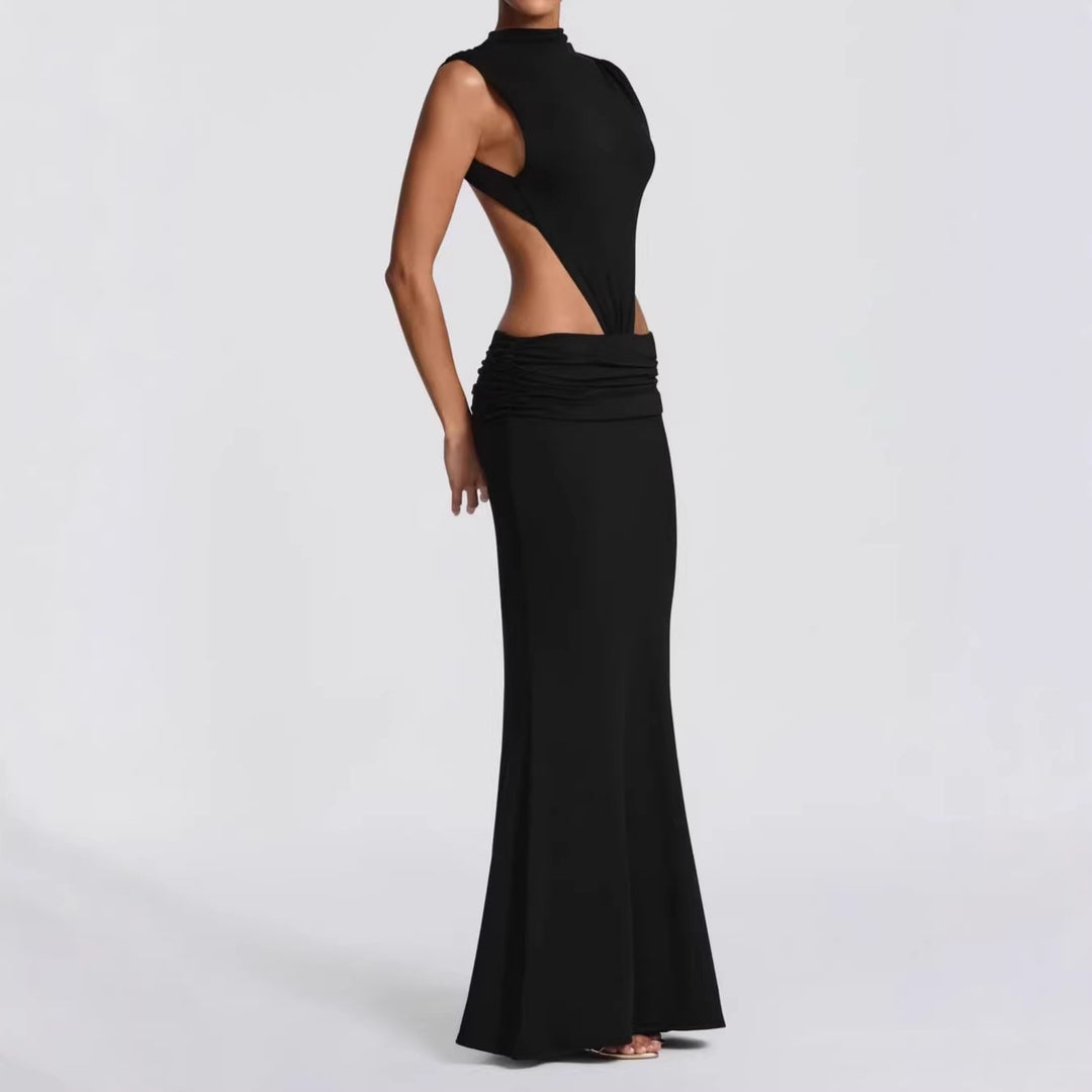 Women's Long Maxi Dress with Stylish Cut-Outs and Ruching