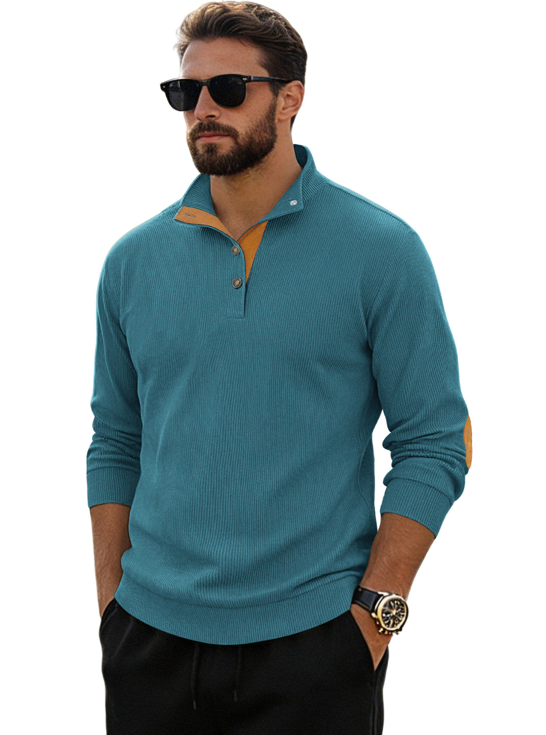 Men's fine ribbed knitted pullover with polo collar button placket and elbow patch StylebySassy