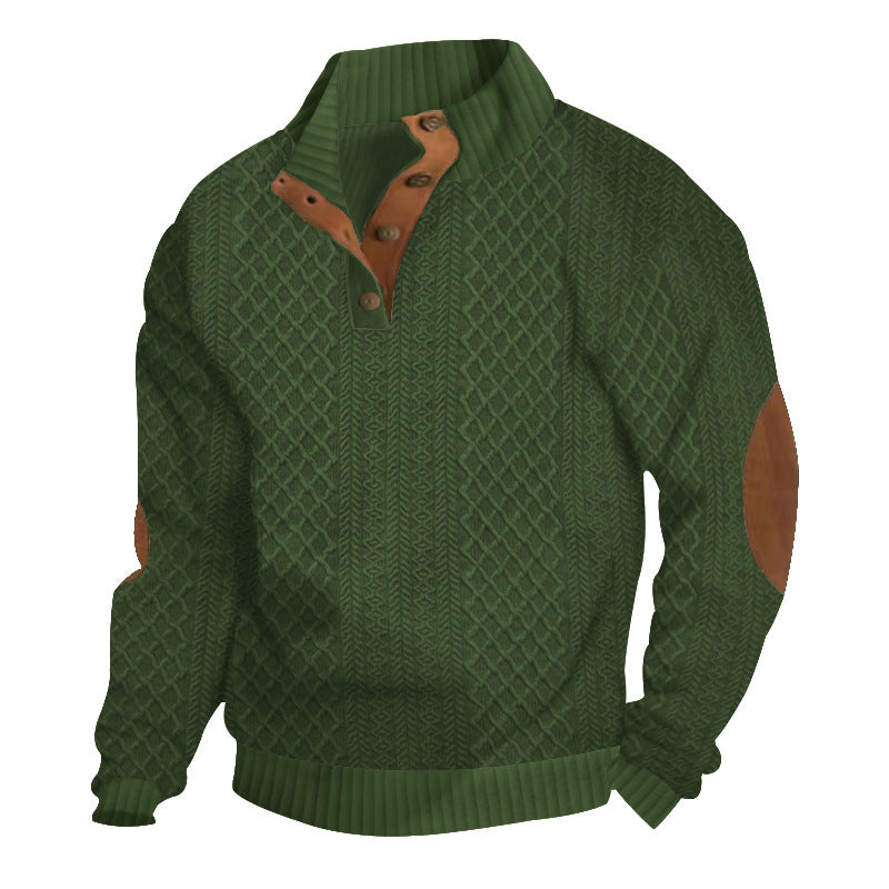 Men's upscale knit sweater with diamond pattern, high ribbed collar, buttoned placket, and leather trim on elbow. StylebySassy