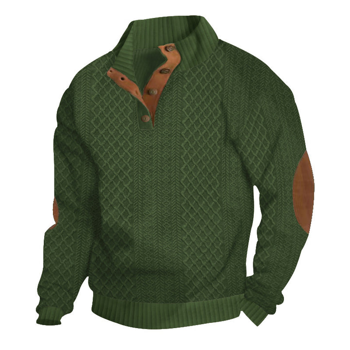 Men's upscale knit sweater with diamond pattern, high ribbed collar, buttoned placket, and leather trim on elbow. StylebySassy