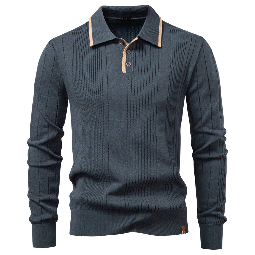 Men's long-sleeved polo sweater made of fine knit with vertical ribbed intarsias and contrast edges StylebySassy