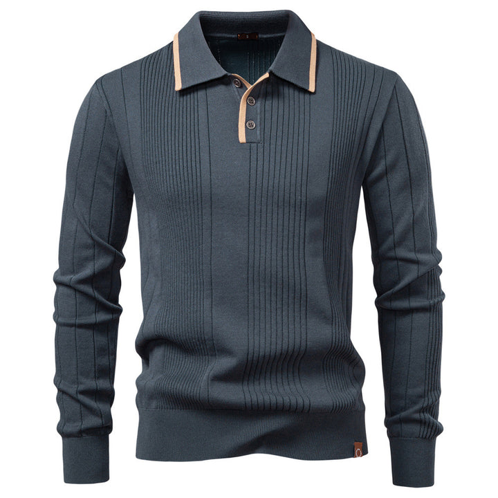 Men's long-sleeved polo sweater made of fine knit with vertical ribbed intarsias and contrast edges StylebySassy