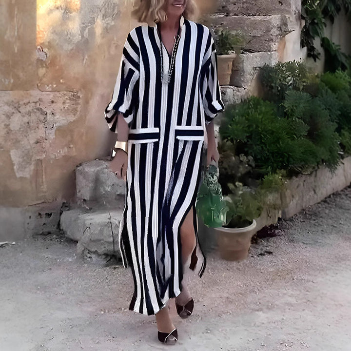 Women casual long shirt dress with vertical stripe pattern, V-neck, patch pockets, and high side slit StylebySassy