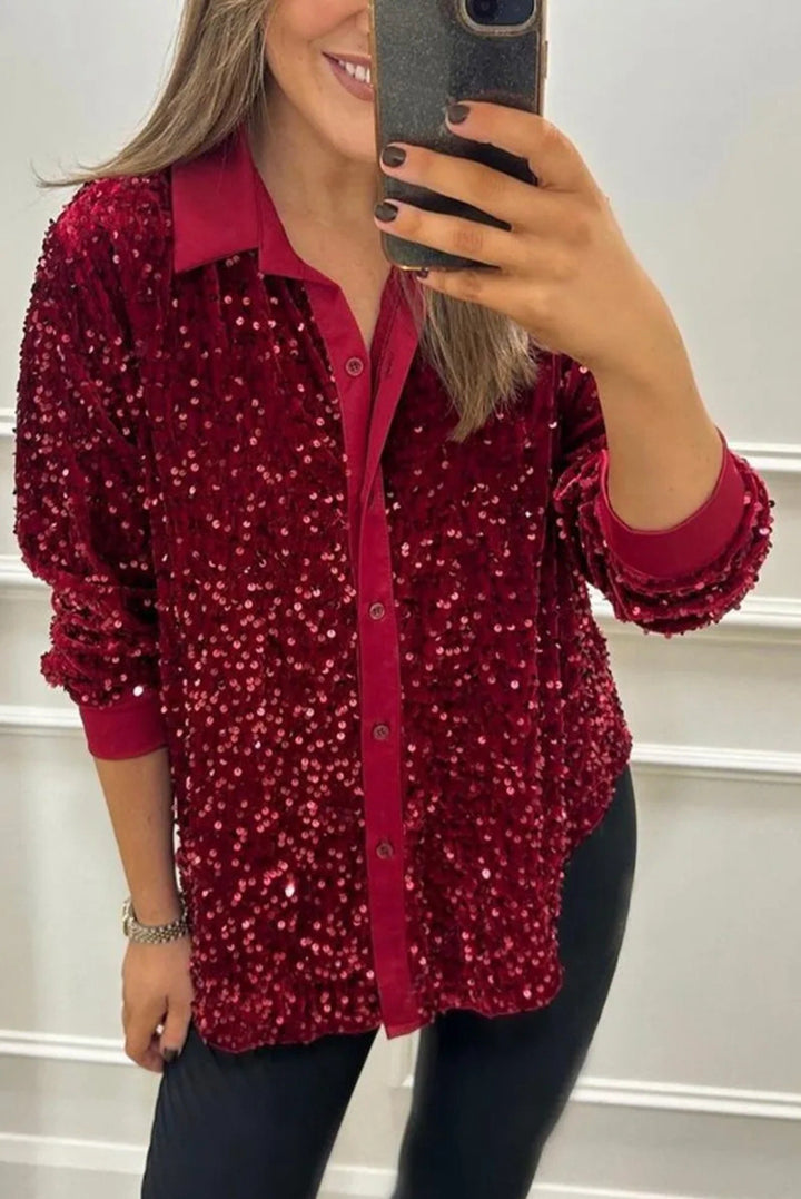 Women's shimmering sequin shirt blouse with collar, button placket, and elastic cuffs StylebySassy
